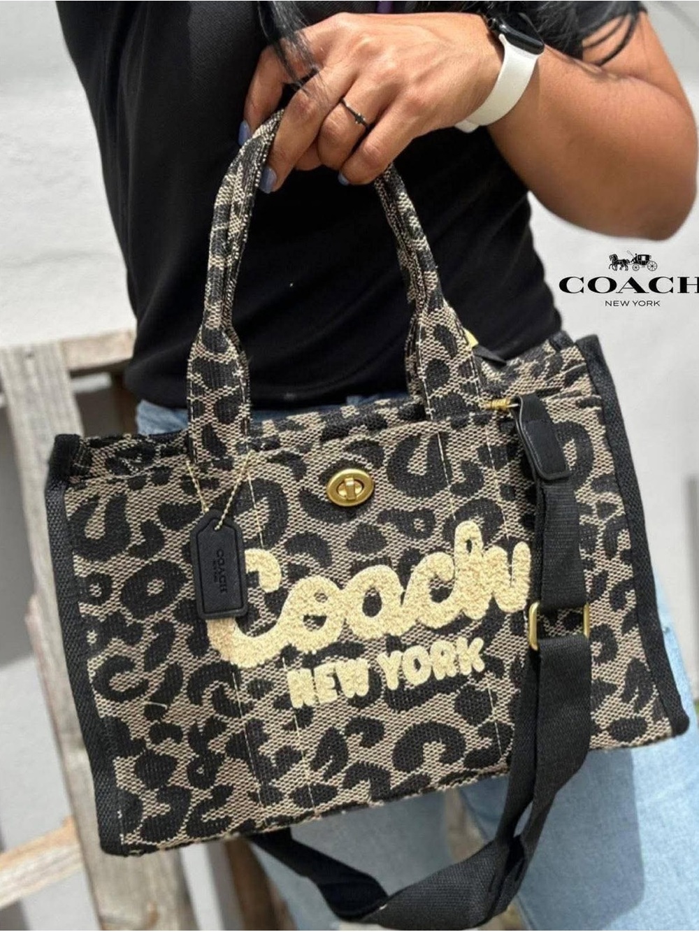 Coach Leopard Canvas Tote in Black and Tan with Gold Logo